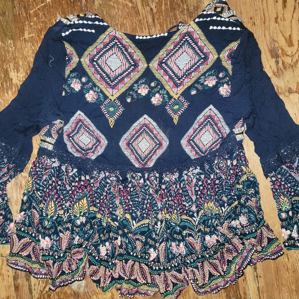 Aqua Embroidered Printed Top jacket Shacket Boho chic Hippie Tassel - Picture 8 of 15